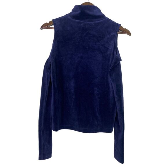 Zara Cold Shoulder Velvet Knit Blouse Mock Neck Top Long Sleeves M Deep Blue - Picture 2 of 15